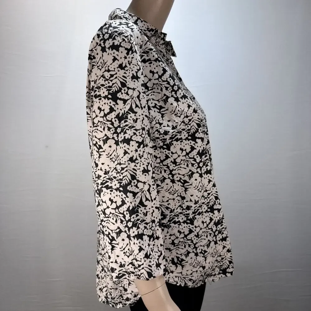 Lafayette 148 Womens Floral Button Up Blouse Top Shirt Size L Cream Black Cotton - Picture 5 of 7